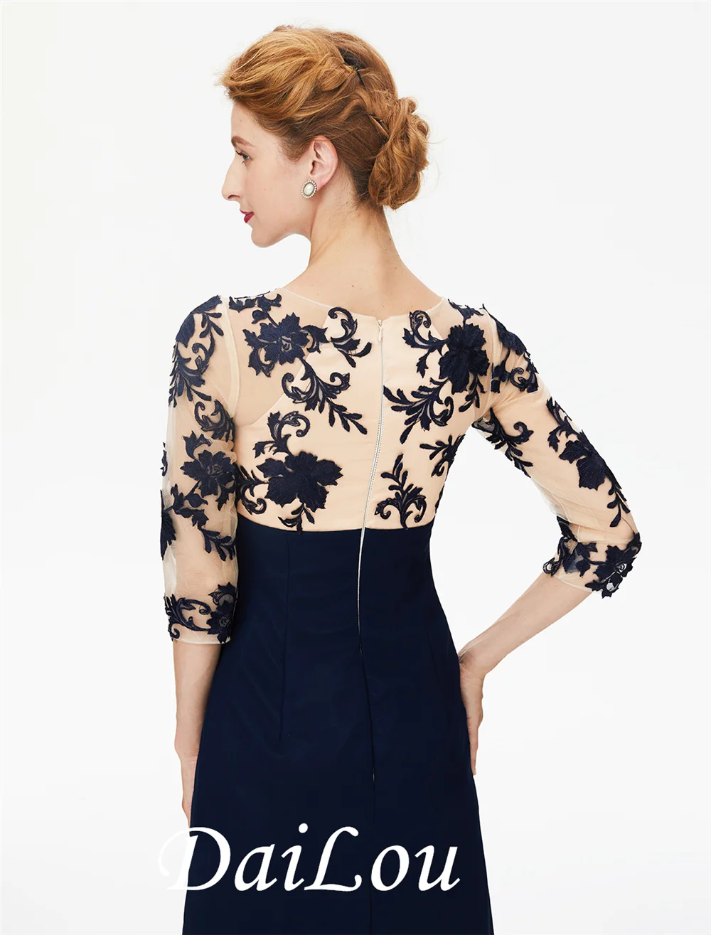 Schede/Kolom Moeder Van De Bruid Jurk Kleur Blok Mooie Back Bateau Hals Chiffon Bloemen Kant 3/4 Lengte Mouw met Kant