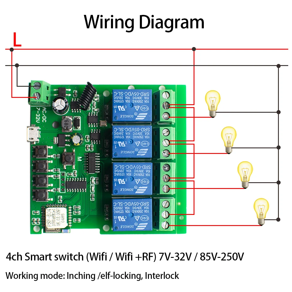 DC 7V-32V AC 220V 4 Channel Wifi Relay Module Wireless Remote Control Switch Jog Self-Lock Phone APP For Smart Home 12V 24V