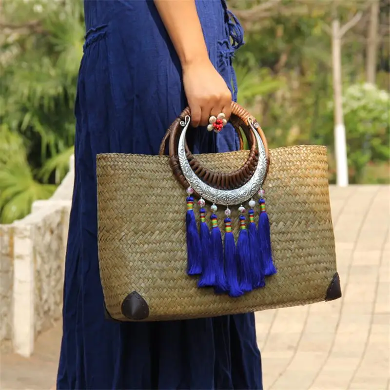 42x26CM Original Handmade Straw Bag Thai Rattan Straw Bag Seaside Holiday Retro Weaving Women Big Bag a6110