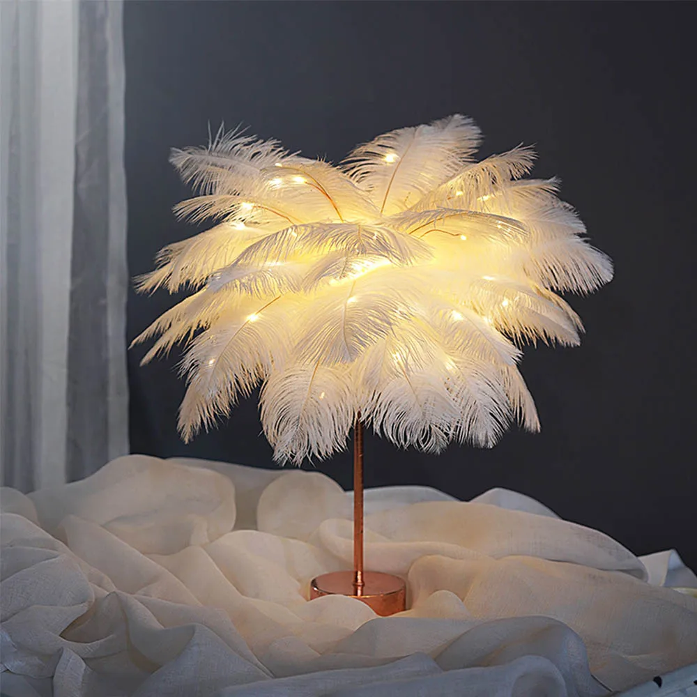 

Feather Table Lamp Bedroom Bedside Night Lights Ins Modern Warm Lamps Lover Wedding Gifts Room Bedside Art Decorative Lamp