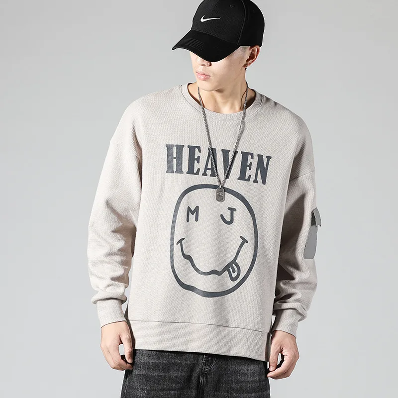 

Men Sweatshirts Spring Autumn Fashion Pullover Handsome Personality Smiley Print Hoodies Loose Casual Small Fresh Round Neck