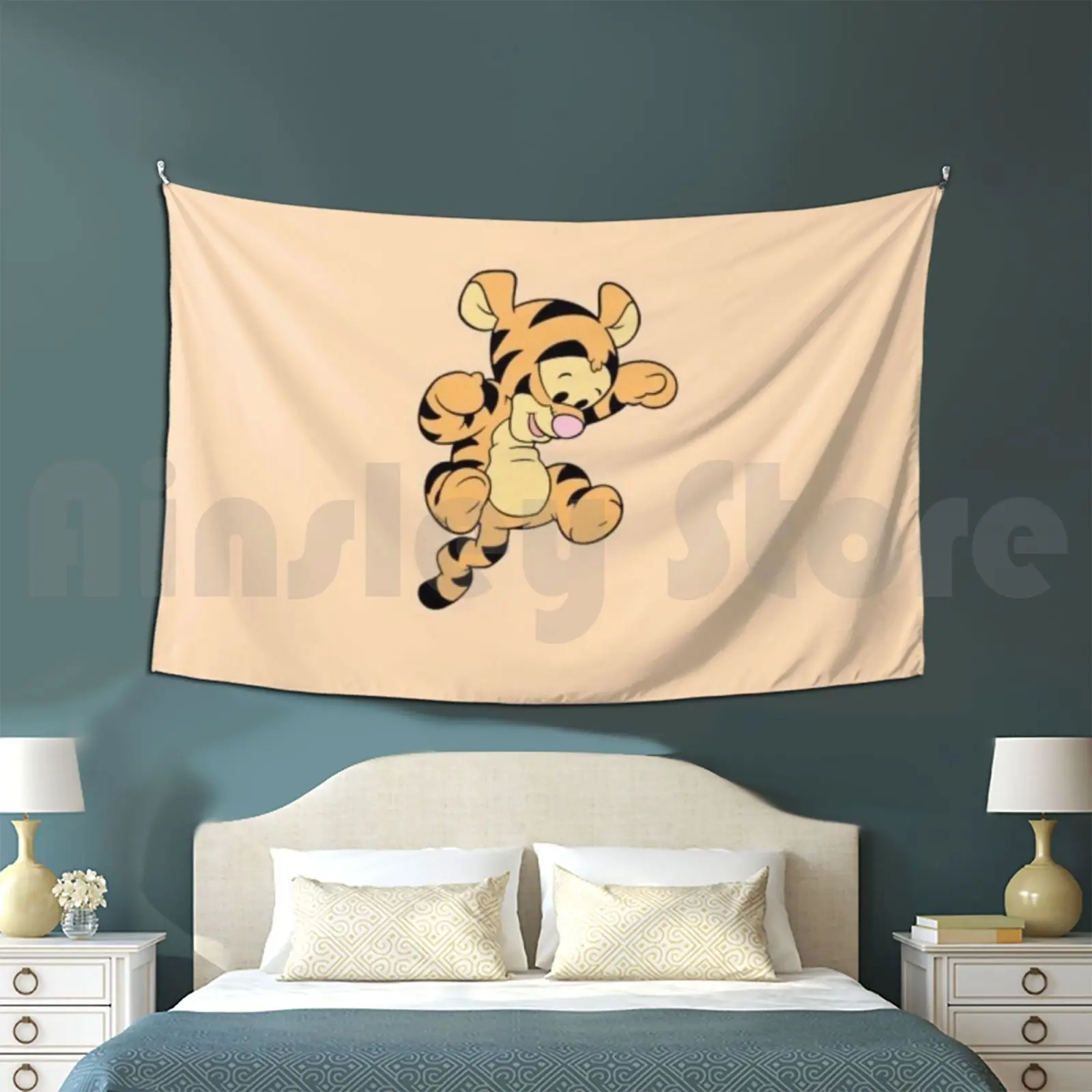 Tigger Tapestry Background Wall Hanging Tigger Cartoon Teddy Bear Cub Orange Black Yellow Pink Child Coraliepltr26