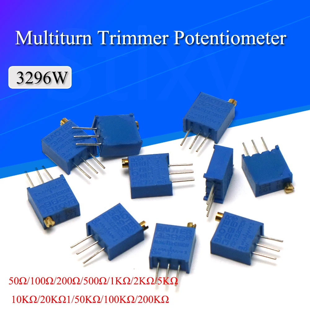 10PCS 3296W 50 100 200 500ohm 1K 2K 5K 10K 20K 50K 100K 200K 500K 1M 2M ohm 103 100R 200R 500R Trimpot Trimmer Potentiometer