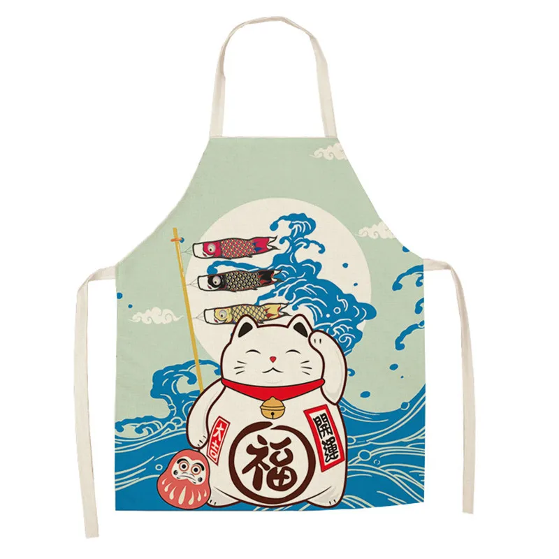 Lucky Cat Apron Kitchen Aprons for Women Cotton Linen Bibs Household Cleaning Pinafore Home Cooking Apron