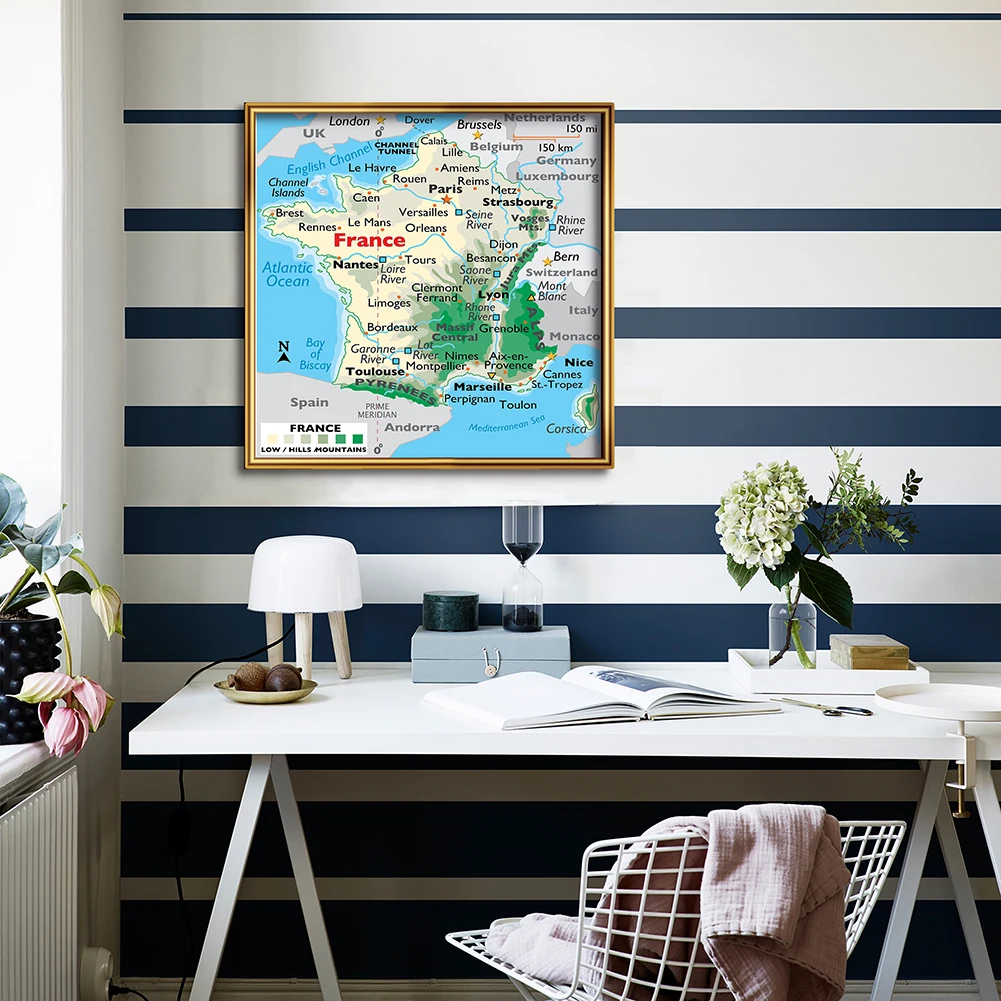 60*60cm mappa orografica della francia Wall Art Poster stampa su tela pittura soggiorno decorazione domestica materiale scolastico per bambini