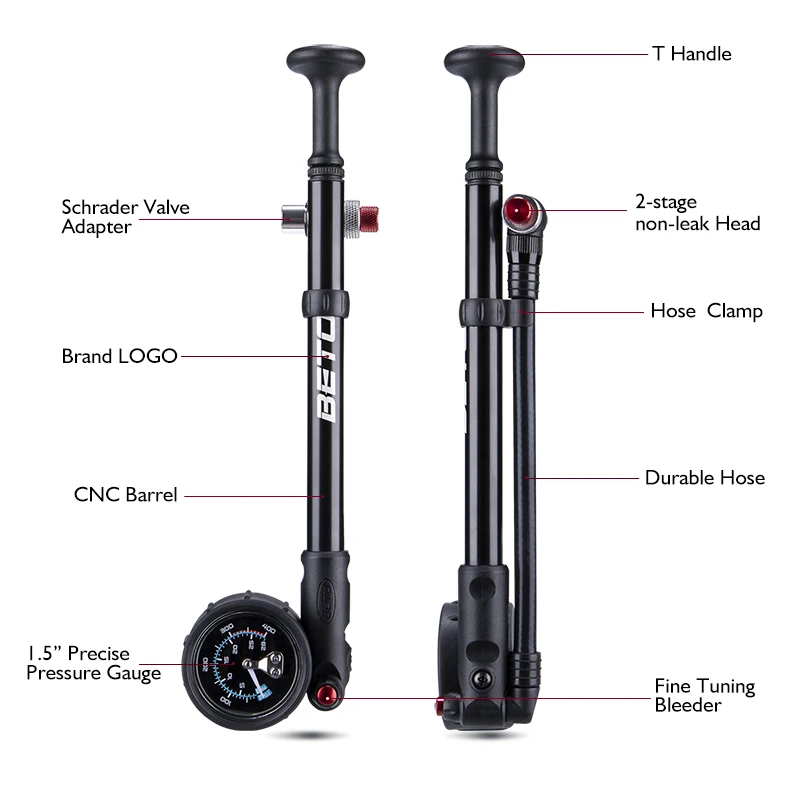 BETO 400psi Cycling Shock Air Pump MTB High Pressure Suspension Fork Pump Road Bike Inflator Bicycle Hand Pump w/ Pressure Gauge