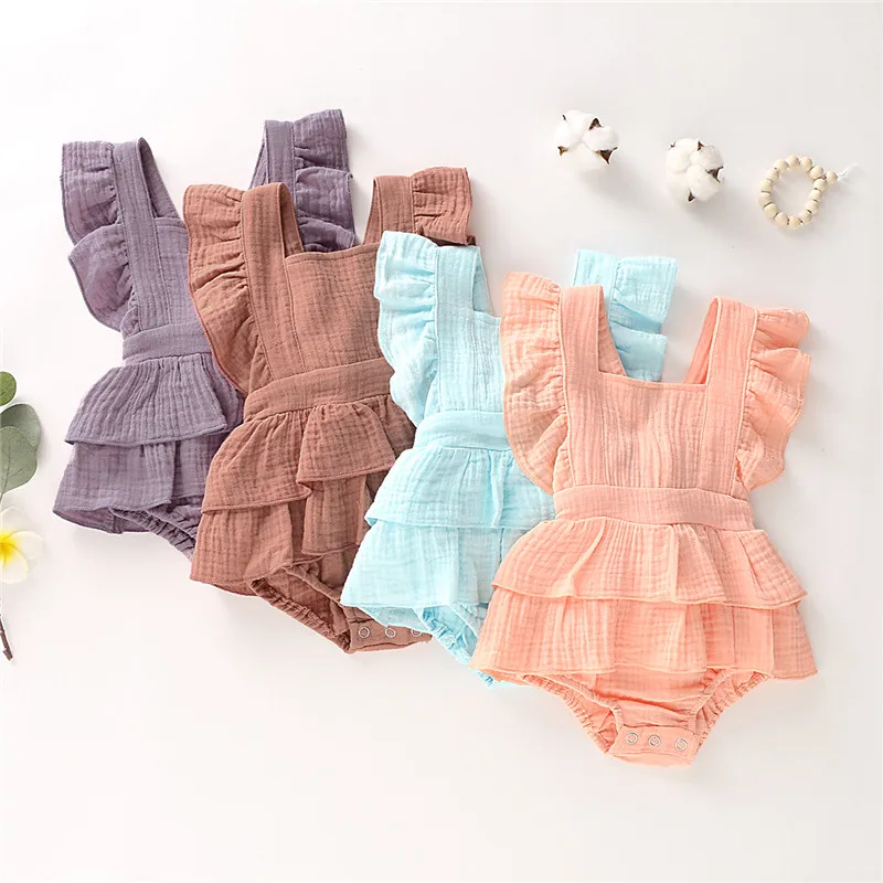 Lioraitiin Hot Baby Newborn Baby Girl Clothes Ruffle Hem Cotton Solid Color Sleeveless Jumpsuit Overall Outfit Casual Set