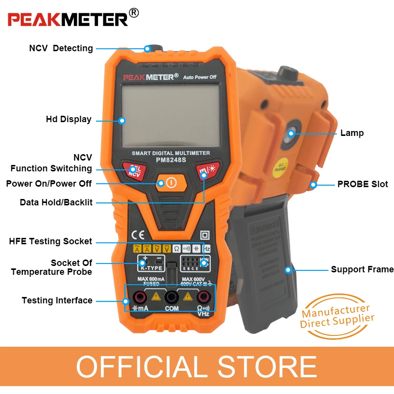 Peakmeter PM8248S Smart AutoRange Professional Digital Multimeter Voltmeter NCV Frequency Backlight Temperature Transistor test