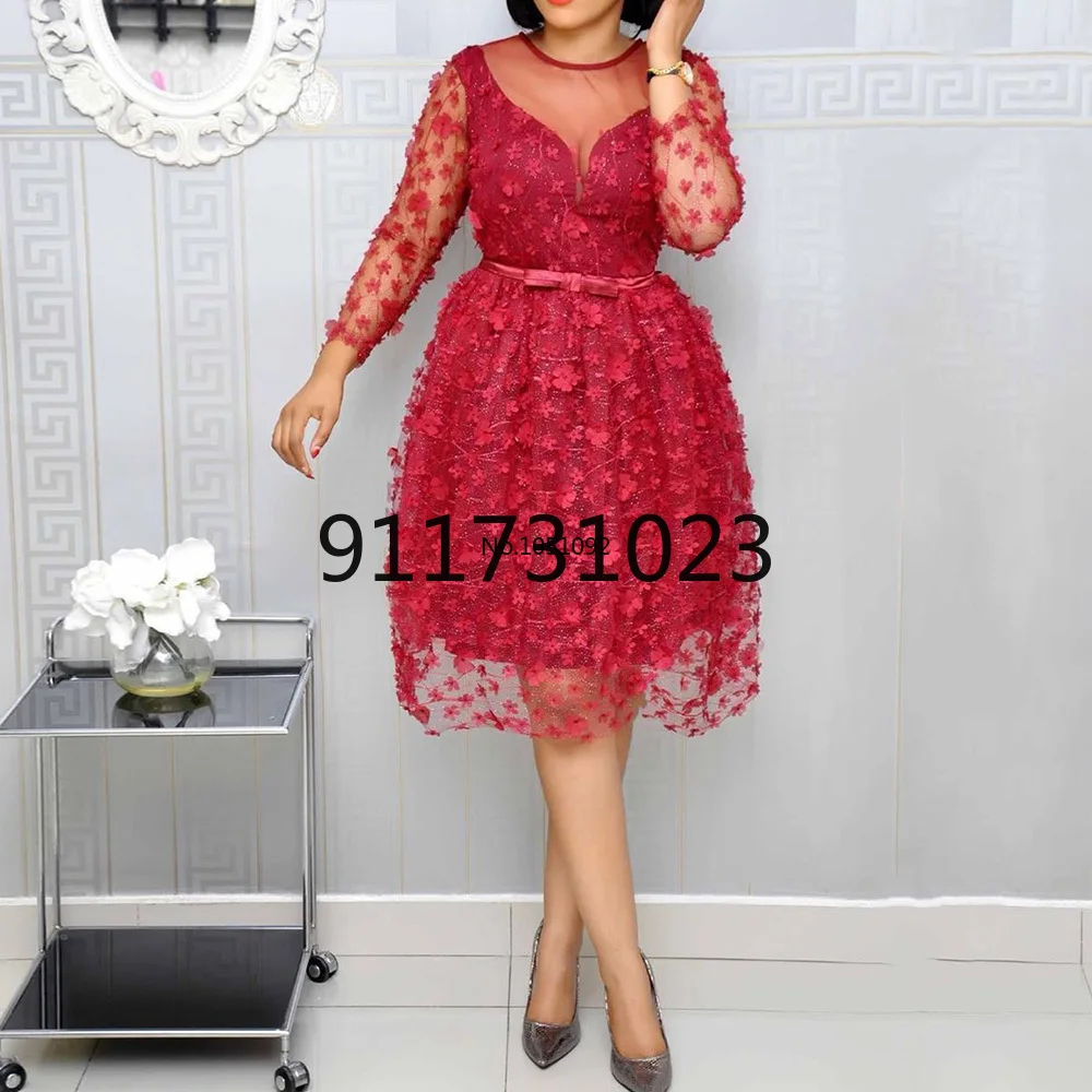 African Women Clothing Shiny Red A Line High Waist Belted Sexy Mesh Patchwork Ladies Party Wedding Evening Vintage Midi Dress