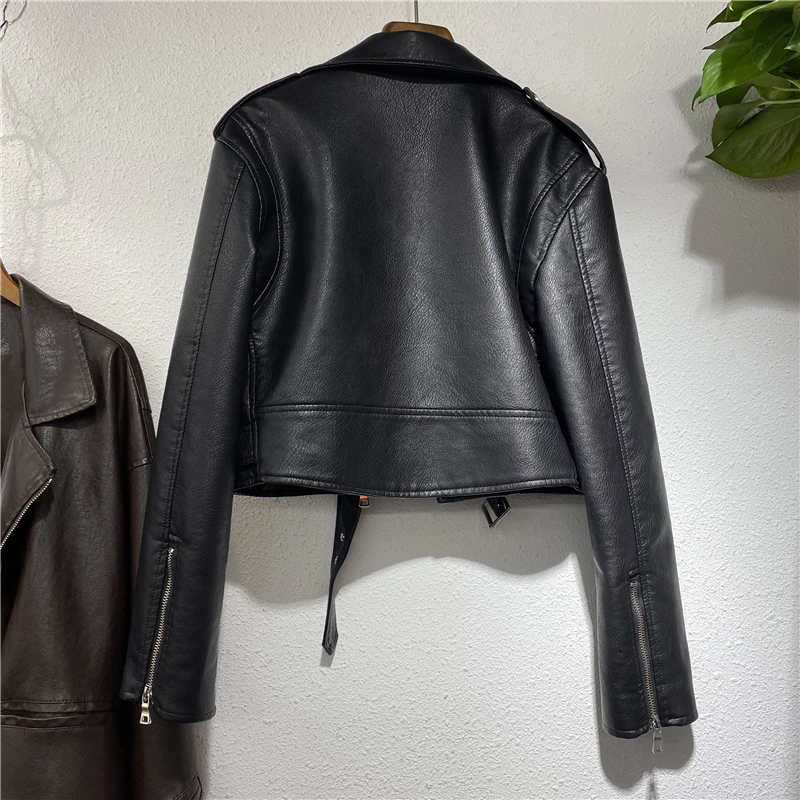 Veste de Motard en Faux Cuir pour Femme, Streetwear Court et Décontracté, avec Fermeture Éclair Oblique, Taille Fine, à Lacets, Printemps Automne