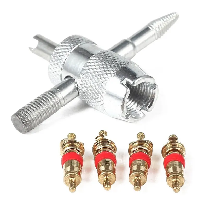 1Set Copper Valve Core with 5-in-1 Tire Valve Stem Removal Tool Tire Repair Tool Valve Core Removal Tool Tire Cleaning Tool