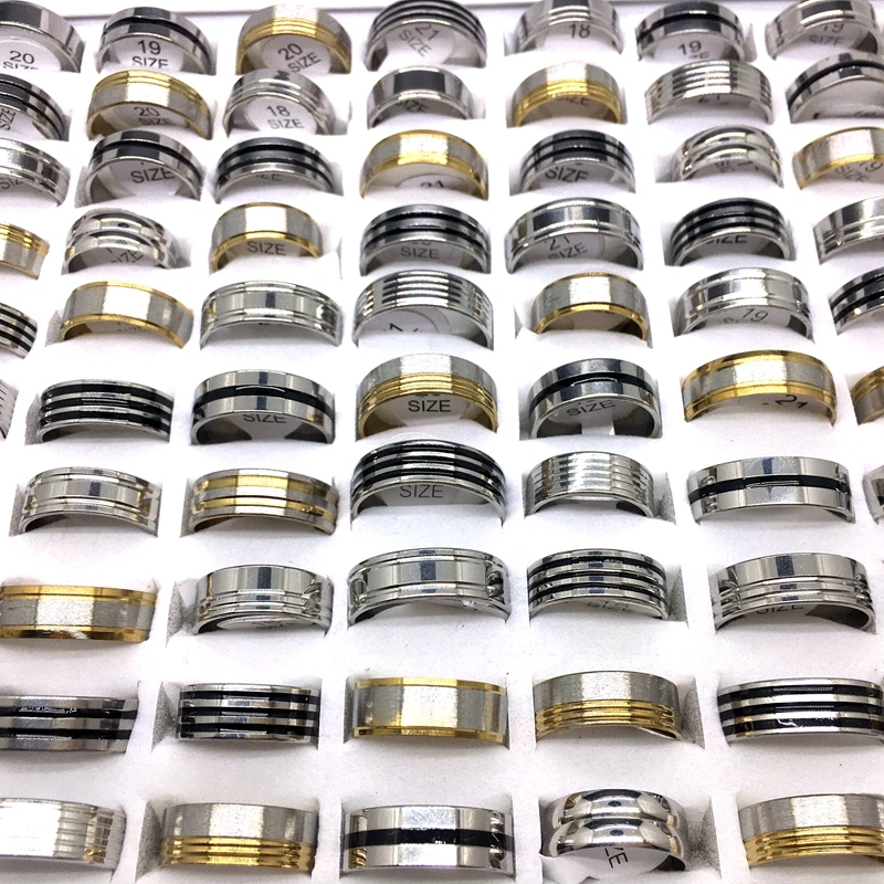 Wholesale 50pcs Mens Womens Rings Stainless Steel Mix Styles Stripe Fashion Jewelry Finger Ring Size 17-21mm Dropshipping