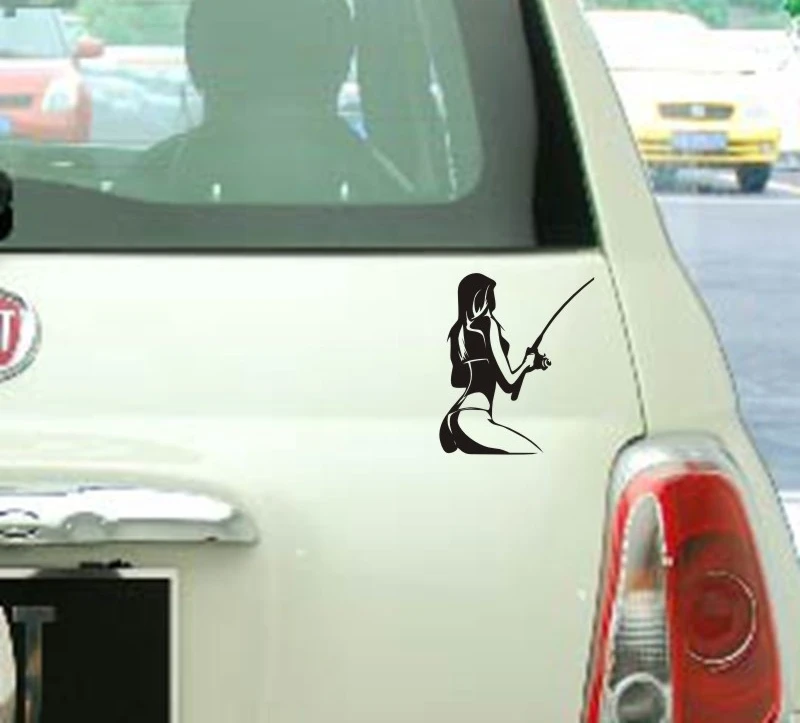 Sexy meisje gaan vissen sticker emmer visgerei winkel vishaak sticker aquarium boot doos grappige vinyl auto sticker