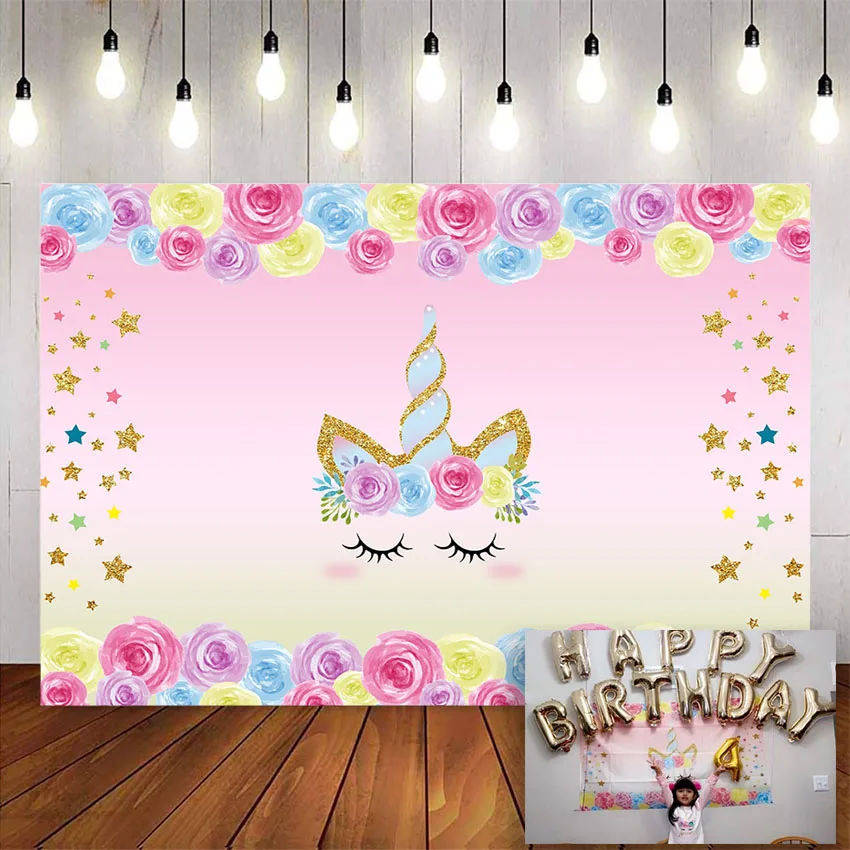 ยูนิคอร์นสายรุ้งฉากหลังสำหรับถ่ายภาพทารกแรกเกิดทารกฝักบัวHappyวันเกิดตกแต่งพรรคธีมพื้นหลังสำหรับPhoto Custom