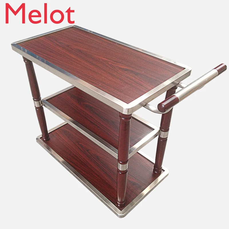 Mobile Drinks Trolley Food Distribution Table Three-Layer Solid Wood Car Banquet Tea Service Trolley Stainless Steel