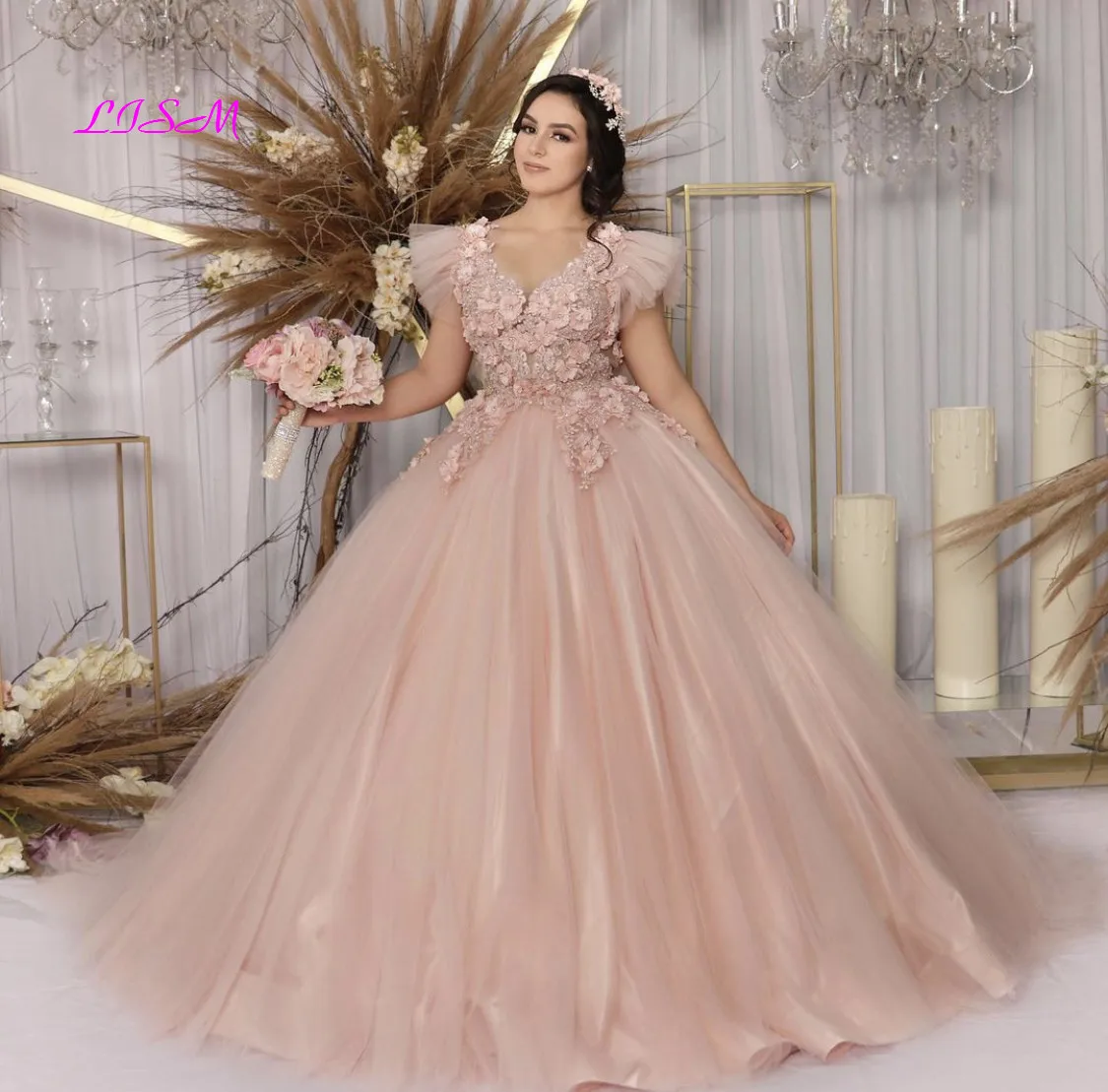 Roze Prinses Quinceanera Jurk 2021 V-hals Cap Sleeve Bloemen Pailletten Kralen Backless Zoete 16 Baljurk Vestidos De 15 Años