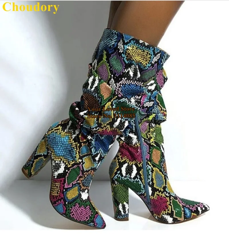 

Choudory Luxury Multi-Snakeskin Chunky Heel Middle Boots Pointed Toe Colorized Python Mid-calf Folded Loose Boots Big Size Eu47