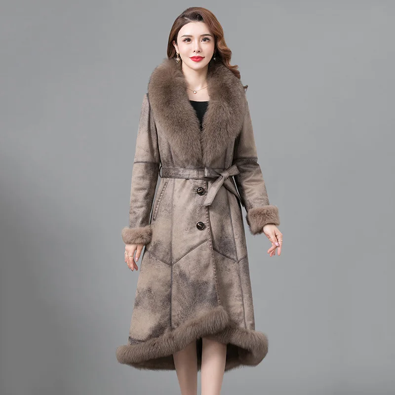 

2021 Real Double Face Fur Overcoats Long Woman Coat Winter Thickened with Fox Fur Collar Fur Trim Rabbit Fur Outwear