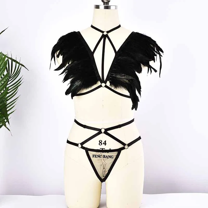 

Feather Goth Sexy Lingerie Body Haeness Set Wedding Garter Bondage Cage Bra Punk Suspenders Women Harness Hollow Bra Garter Belt