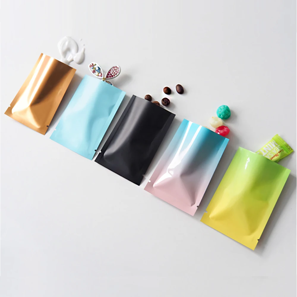 100szt Mała otwarta górna folia aluminiowa Folia mylarowa Otwarte torby wypełniające Proszek Prezenty Torba termozgrzewalna Płaskie woreczki Wycięcie na łzy