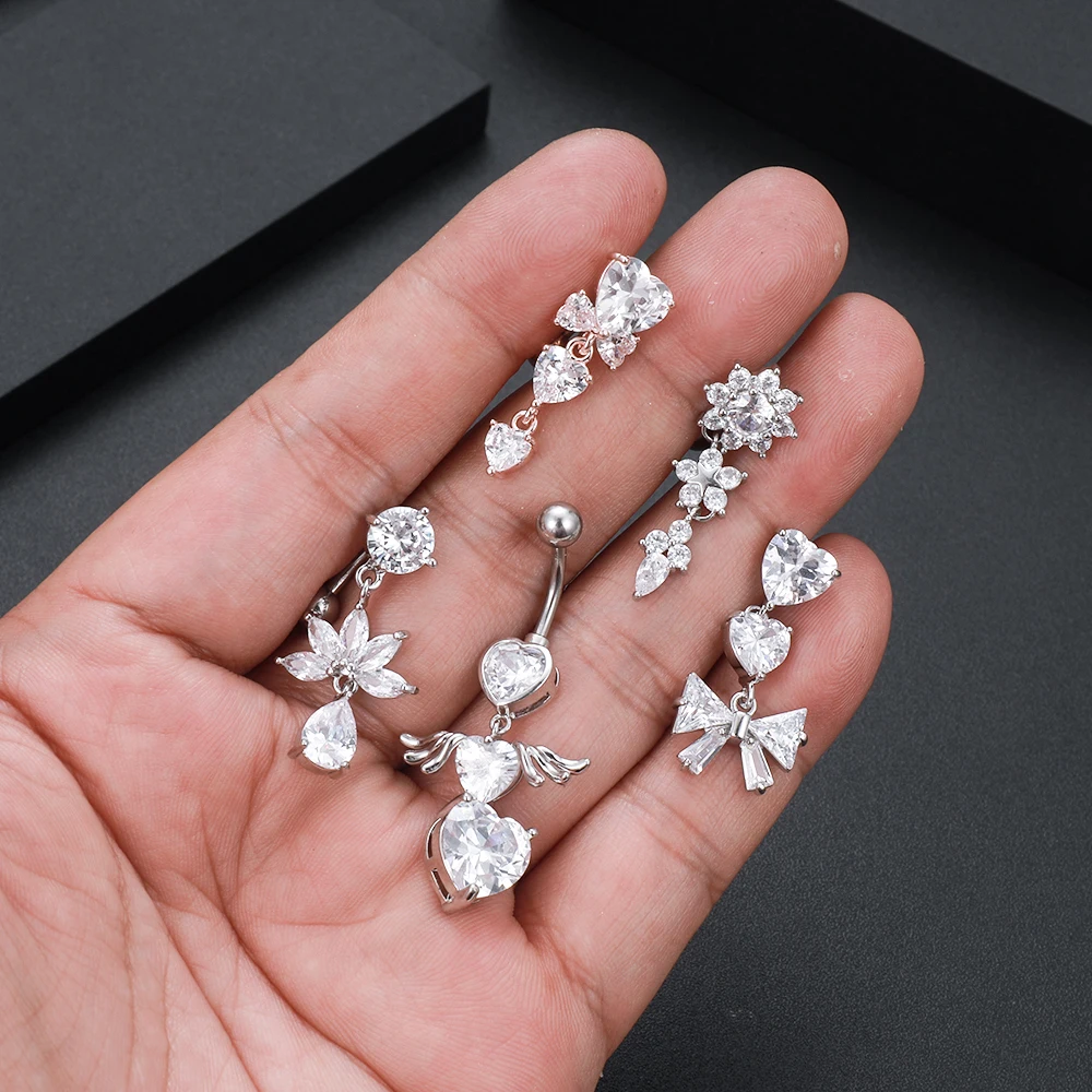 Reverse Curved 14G Belly Button Rings Dangled Heart Clear CZ Navel Rings 316L Surgical Steel Belly Piercing Barbell Body Jewelry view 5