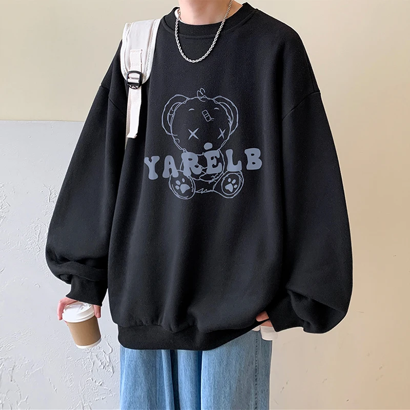 

Brand Fashion Men Fleece Sweatshirts Cartoon Bear Print Male Casual Loose Tops Autumn Winter Pullovers Size M-3XL