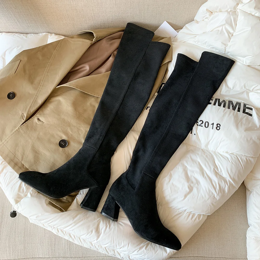 

Designer Thigh High Boots for Women's Winter Over the Knee Boots Gray Khaki Slim Warm Shoes Woman Elastic Botas altas Mujer