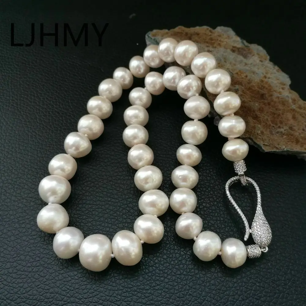 

LJHMY Big Natural Freshwater Pearl 11-12mm White Keshi Pearl Necklace Pave Lobster Clasp Gifts for Women