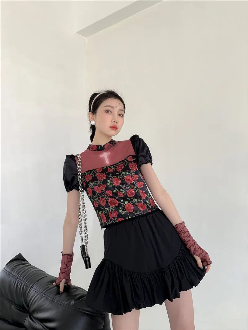 CHEERART Summer 2021 Puff Sleeve Cheongsam Top Rose Floral Print Blouse Crop Top Women Patchwork Peplum Ladies Top Fashion