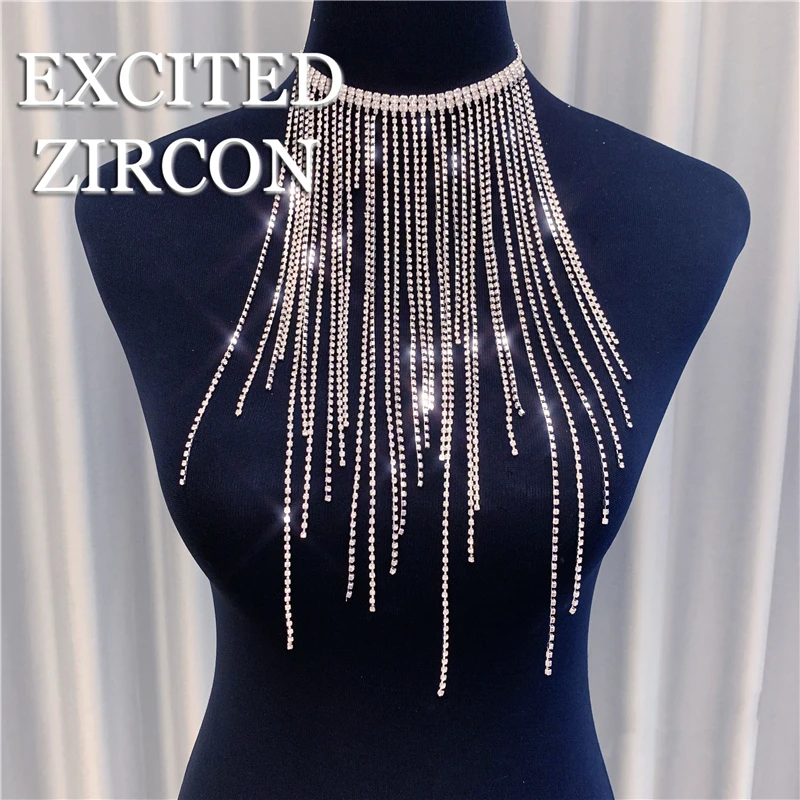 EXCTED ZIRCON Fashion Luxury Woman Sexy Tassel Body Chain Chest Chain bling Rhinestone Crystal Jewelry Necklace Party Prom Gift