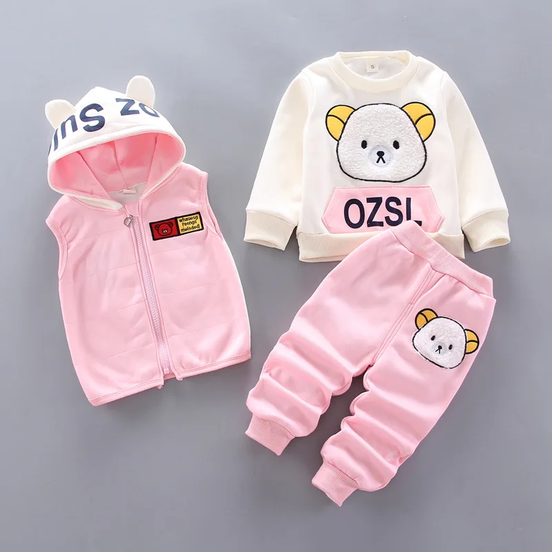 Children Clothing Sets Winter Plus Velvet Thick Warm 3Pcs Outfit Cartoon Bear Baby Boys Clothes Sport Tracksuit Set For Girls