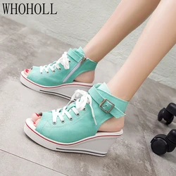 2020 Summer New High Canvas Women's open toe Shoes Canvas Sandals Wedge With Open Toe Hollow Large Size Women Shoes