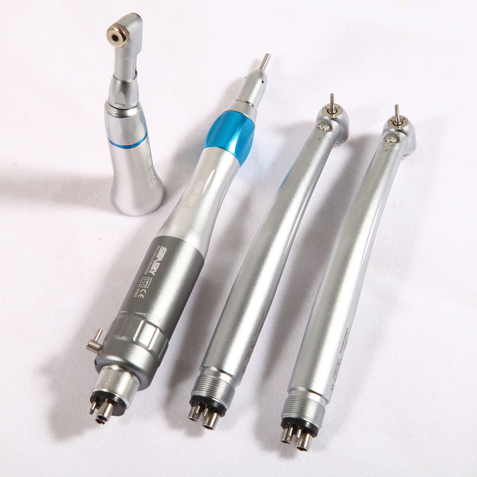 Dental Low Speed Handpiece 4-Hole Kit No Light + 2pcs 4-Hole High Speed Fiber Optic LED Turbine