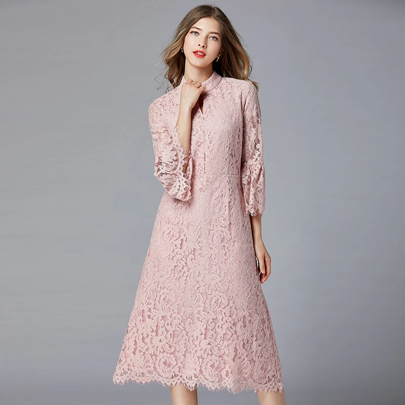 

L - 5XL Plus Size Dress Women Vintage Stand Collar Elegant Lace Dress Flared sleeve improved Chinese cheongsam A-line skirt