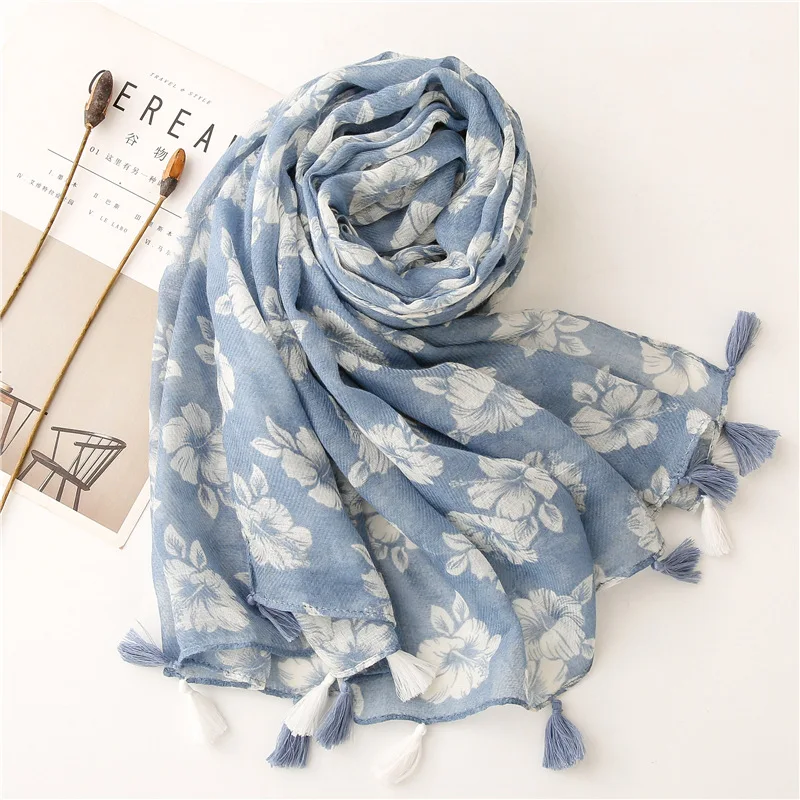 2024 Fashion Sky Blue Penoy Floral Tassel Viscose Shawl Scarf Lady Print Soft Wrap Pashmina Stole Bufandas Muslim Hijab 180*90Cm