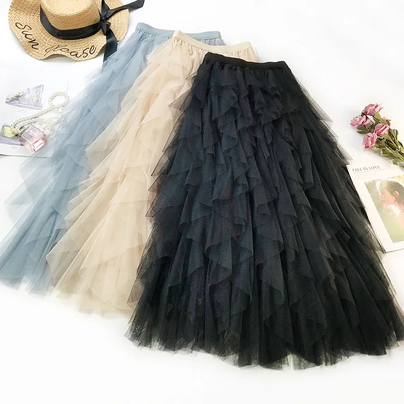 Fashion Tutu Tulle Skirt Women Long Maxi Skirt 2024 Spring Summer Korean Black Pink High Waist Pleated Skirt Female