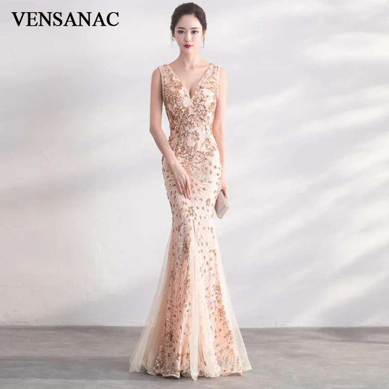 

VENSANAC Sexy Deep V Neck Tulle Mermaid Long Evening Dresses Sequined Tank Backless Party Prom Gowns