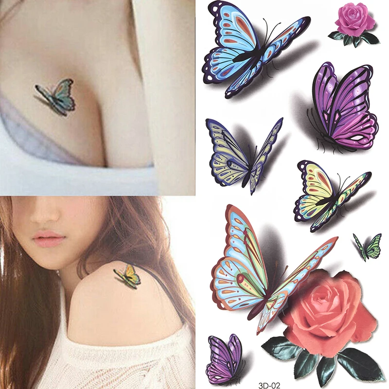 Pena borboleta tatuagens temporárias adesivo para proteção do corpo da mulher tatuagem 3d rosa flor anime falso adesivos à prova dwaterproof água