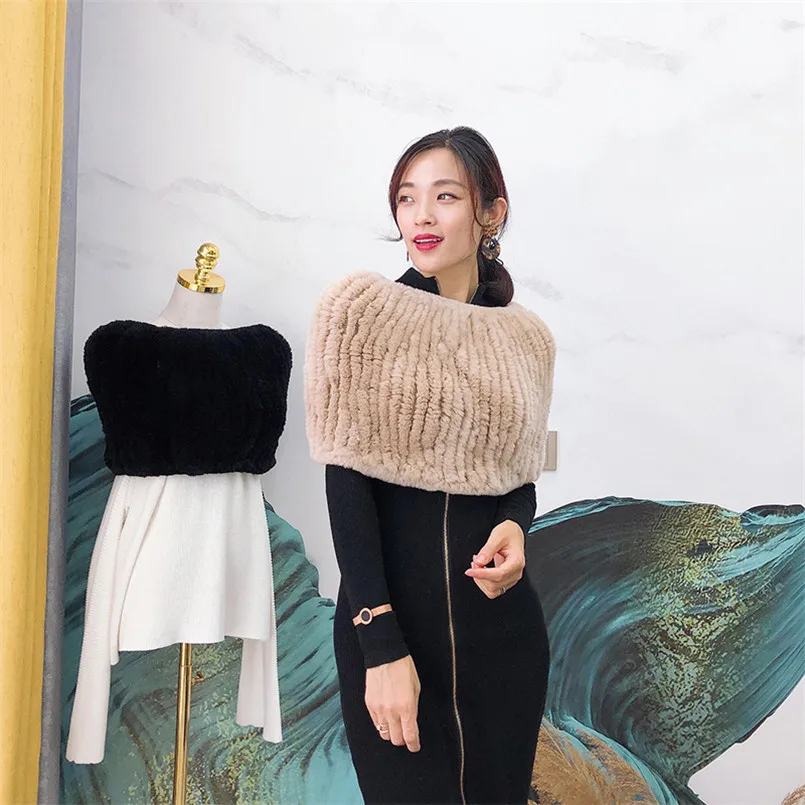 

Genuine rex rabbit fur scarf handmade knitted warm winter fur wraps women cape with fur S78