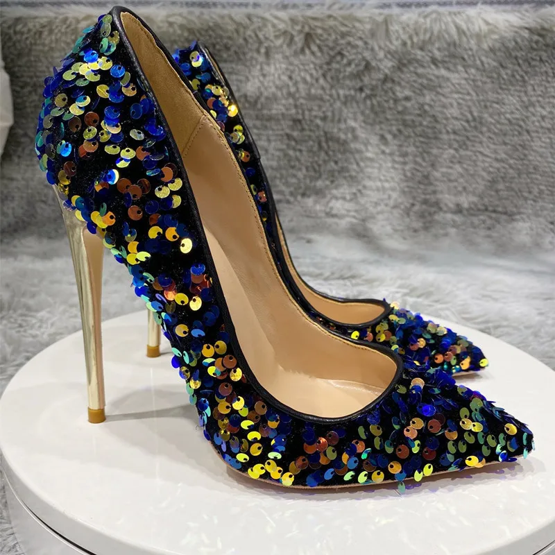 Heelgoo Glitter Sequins Women Sexy Pointy Toe High Heel Wedding Party Shoes Designer Gorgeous Stiletto Pumps Plus Size 43 44 45