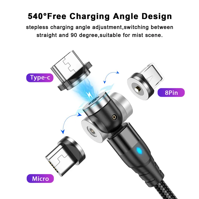 USLION 540 Degree Roating Magnetic Cable Micro USB Type C Phone Cable For iPhone11 Pro XS Max Samsung Xiaomi USB Cord Wire Cable