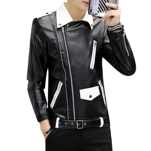 Imagen 2 del producto Chaqueta Bomber de cuero para hombre, abrigo ajustado con cinturón, cuello vuelto, nuevo diseño, otoño