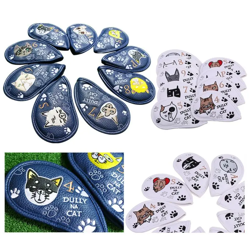 2023 New 9 Pcs Portable Golf Club Headcovers Cute Cartoon Cat Pattern PU Waterproof Cover