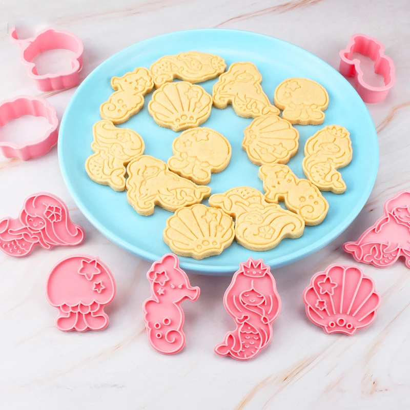 3D Mermaid Shell Seahorse Cookie Cutter Plastic DIY Baking Mould Cookie Cutter Set Cartoon Cake Biscuit Baking Decoration Tools