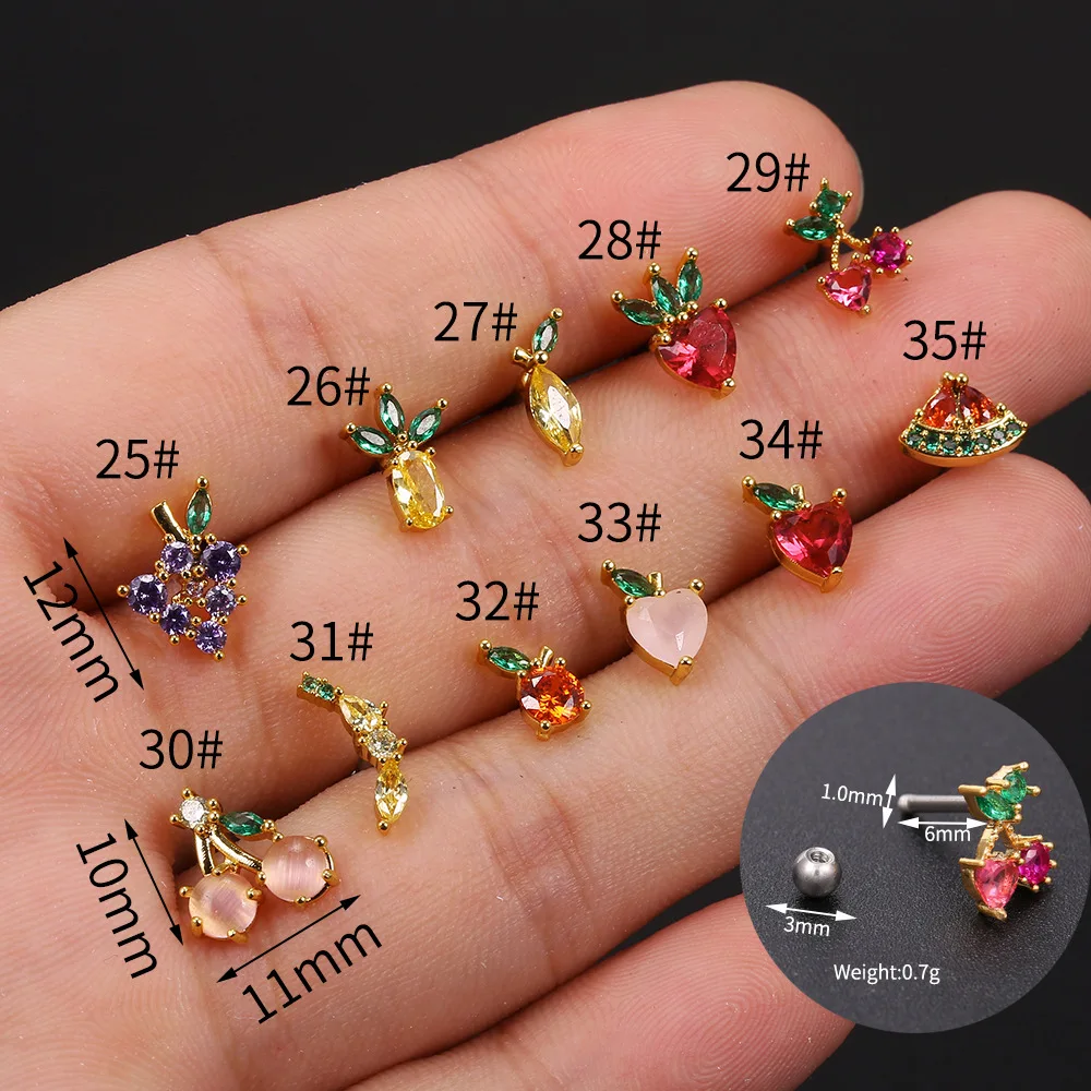 1Pc 20g Stainless Steel Rainbow Cz Fruit Cartilage Bicycle Stud Earring Cute Screw Back Bar Ligth Tragus Conch Lobe Ear Piercing