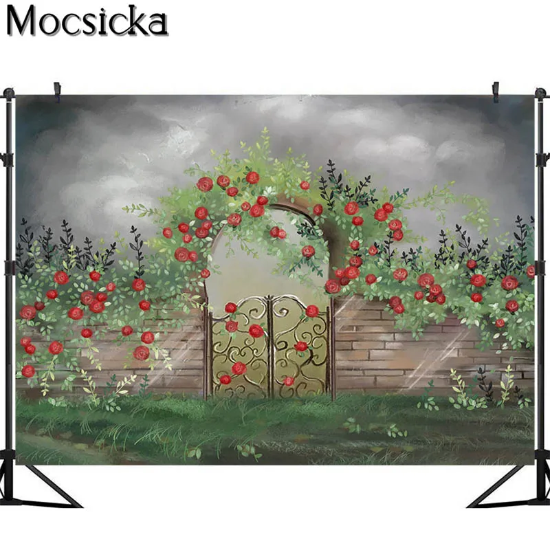 Spring Garden Floral Photography Backdrops Red Flowers Wrought Iron Gate Decor Kids Cake Smash Photocall Background Photo Studio image 3