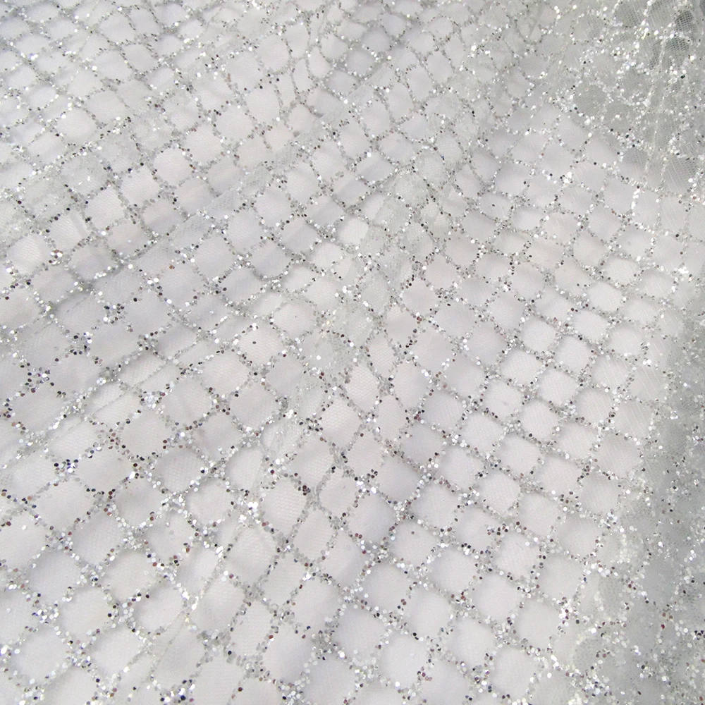 

shiny silver plaid mesh fabric luxurious dancewear printed sequins glitter cloth french evening dress sewing material