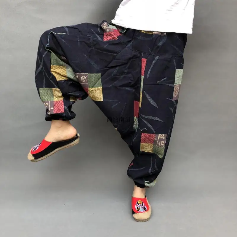 Étnicos Harem Pants Mulheres Hemp Bloomer Baggy Loose Mulheres Novas Calças 100% Algodão Linho Plissado Oversize Bolsos Calças Perna Larga