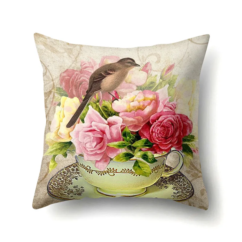 

Plant Floral Cushion Pink Flower Bird Linen Pillow Cover Cases Cotton for Bedroom Sofa and Chair Decorative Pillowcase