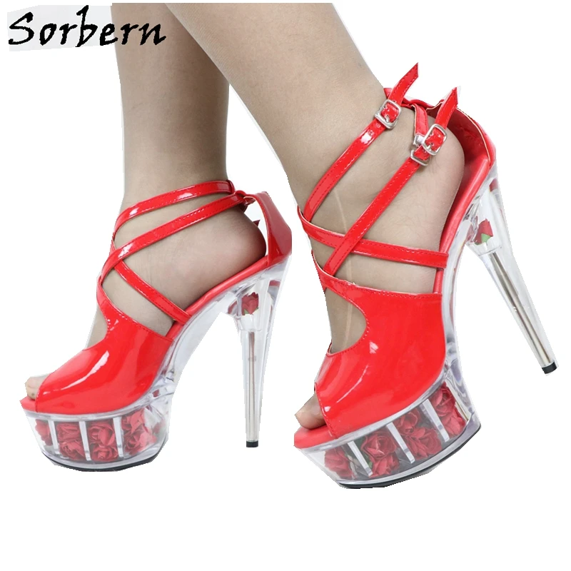 

Sorbern Red Patent Women Sandals High Heel 15Cm Perspex Heel Rose Flower Fillings Slingback Stripper Heels Summer Shoe Platform